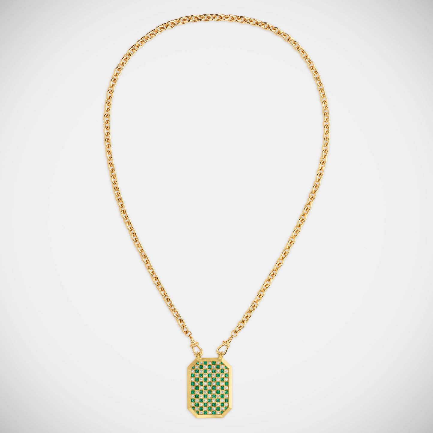 Marie Lichtenberg Staging Scapulaires Check Emerald Scapular on Rosa Classic Chain