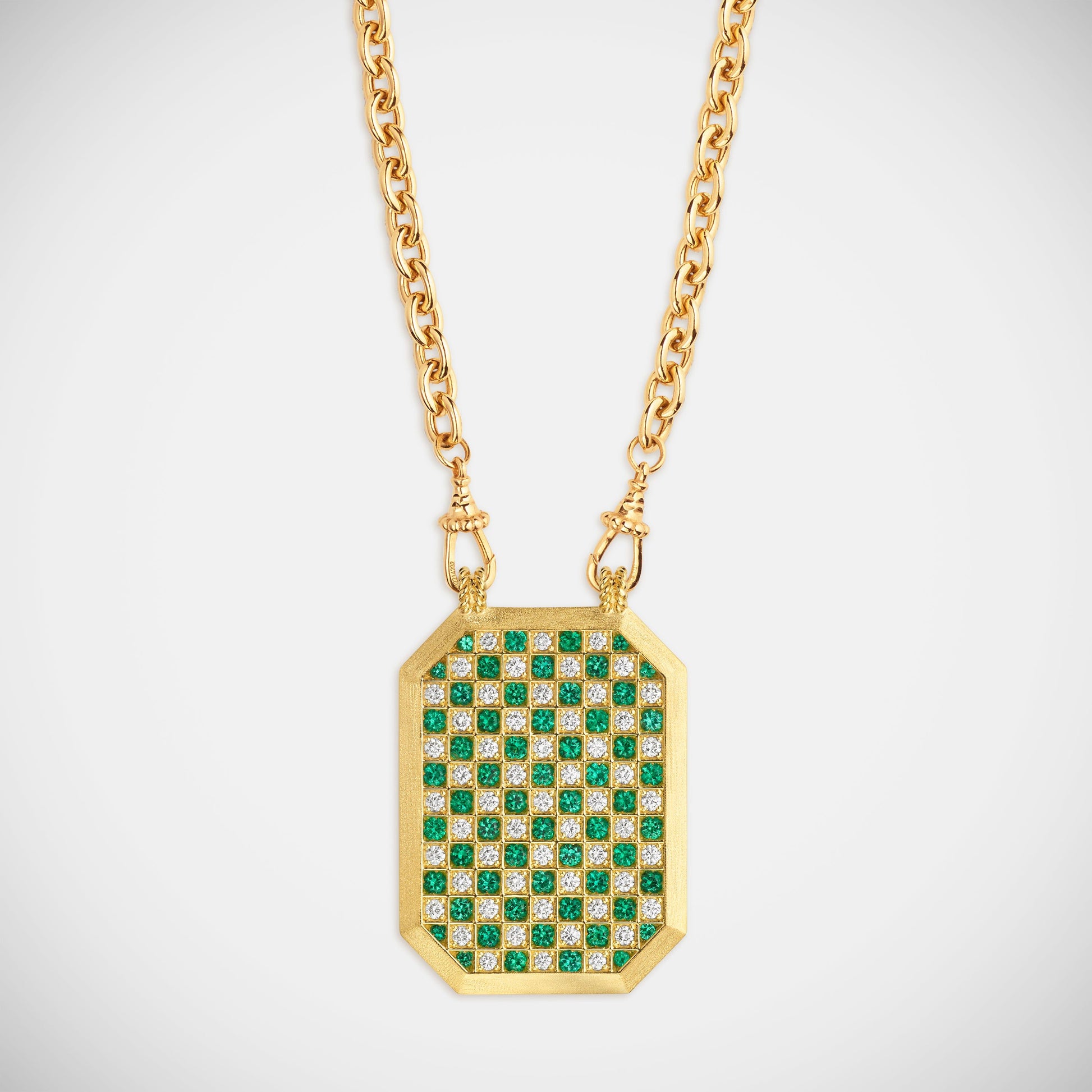 Marie Lichtenberg Staging Scapulaires Check Emerald Scapular on Rosa Classic Chain