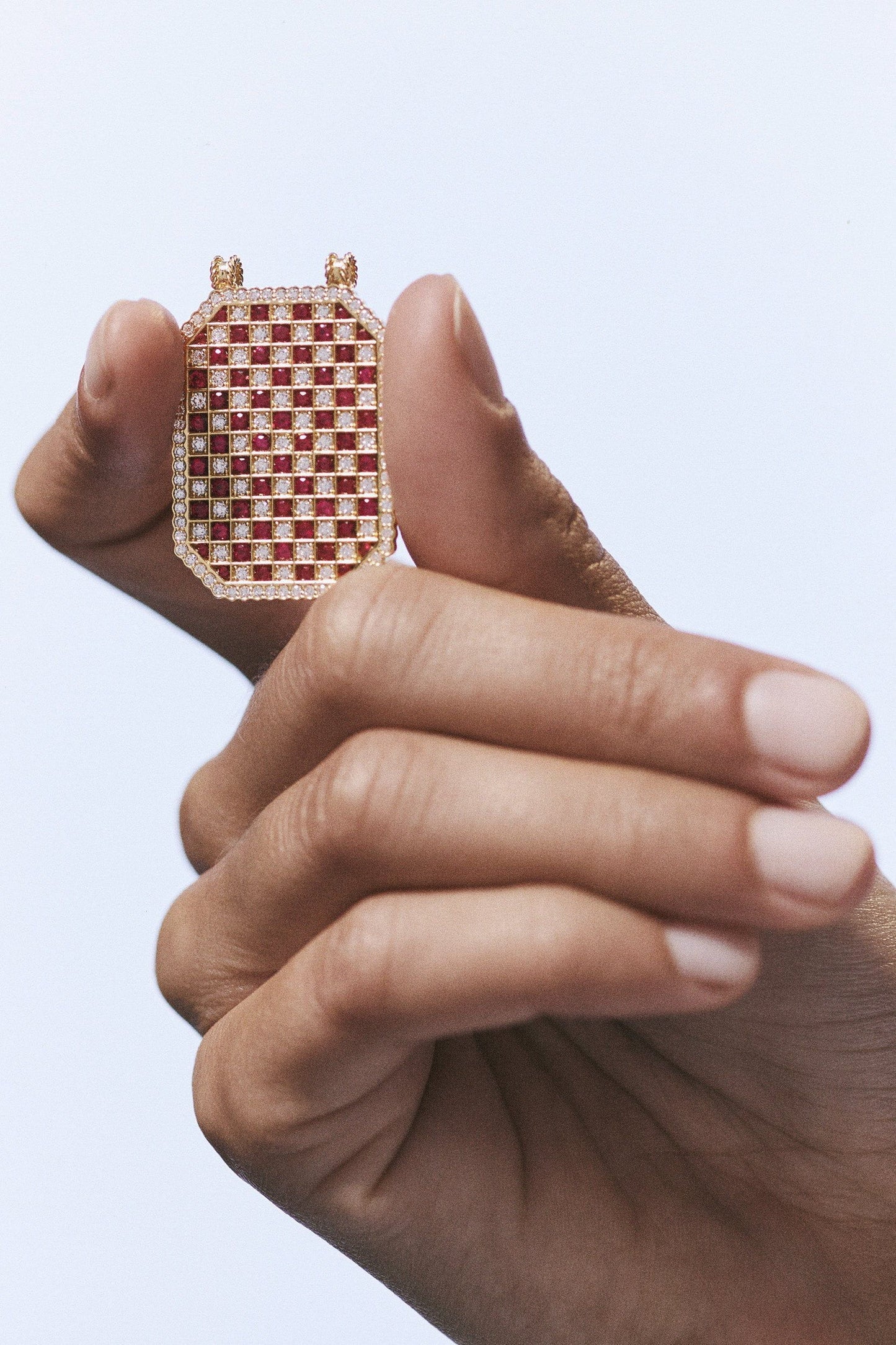 Marie Lichtenberg Staging Scapulaires Check Ruby Scapular on Rosa Classic Chain