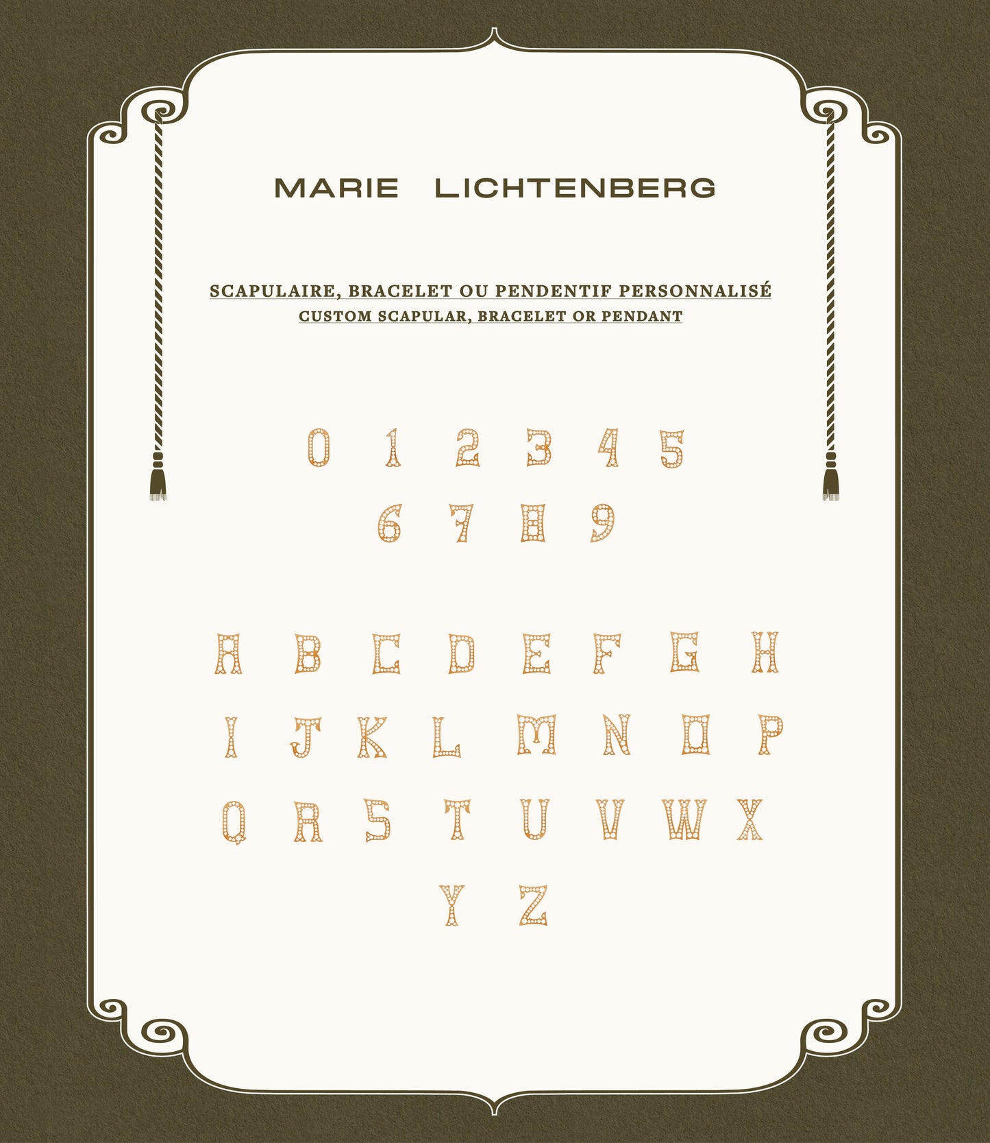 Marie Lichtenberg Staging Scapulaires Custom Letter Scapular Medium