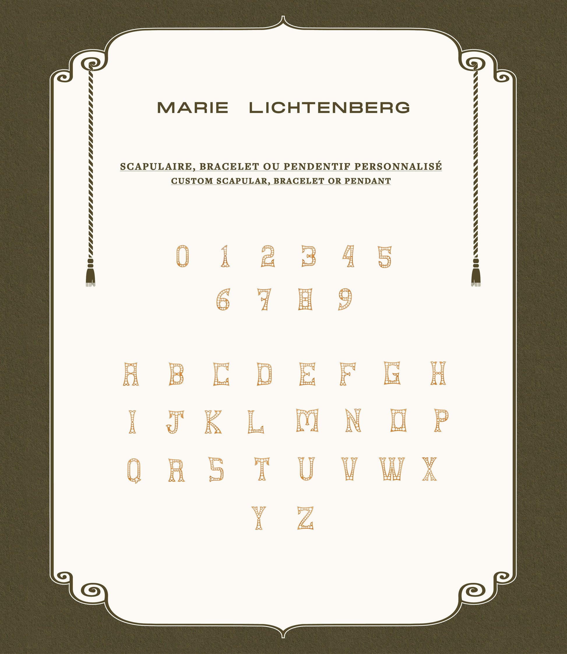 Marie Lichtenberg Staging Scapulaires Custom Letter Scapular Medium