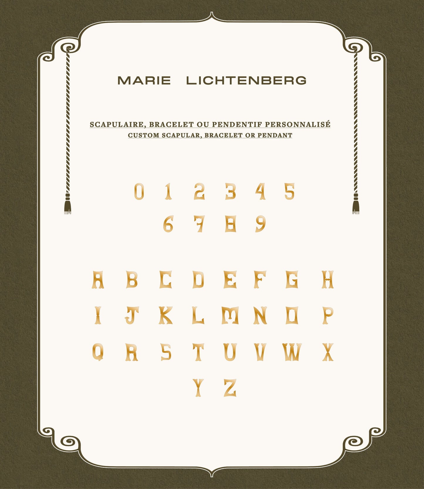 Marie Lichtenberg Staging Scapulaires Ebony Custom Letter Scapular