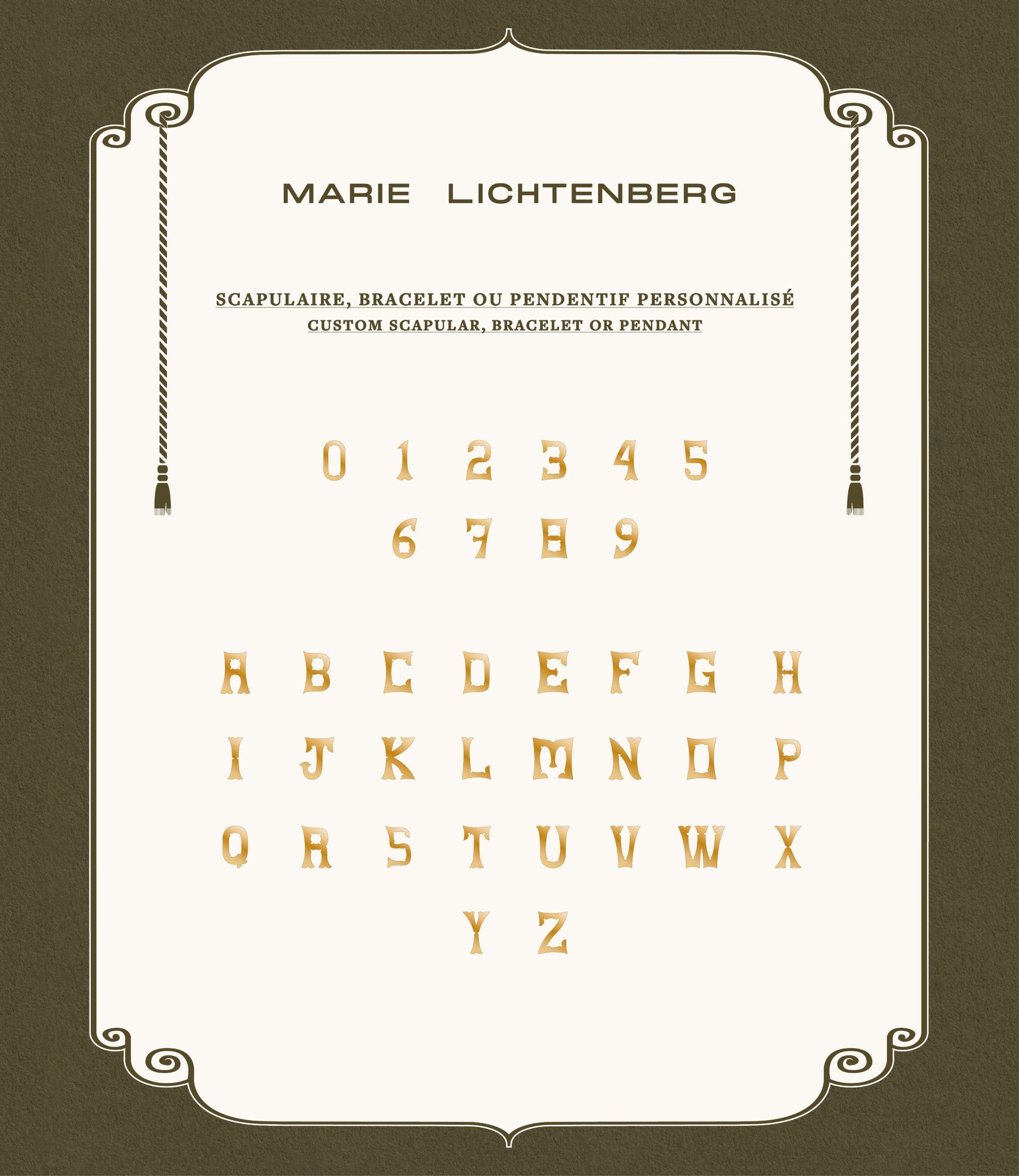 Marie Lichtenberg Staging Scapulaires Ebony Custom Letter Scapular