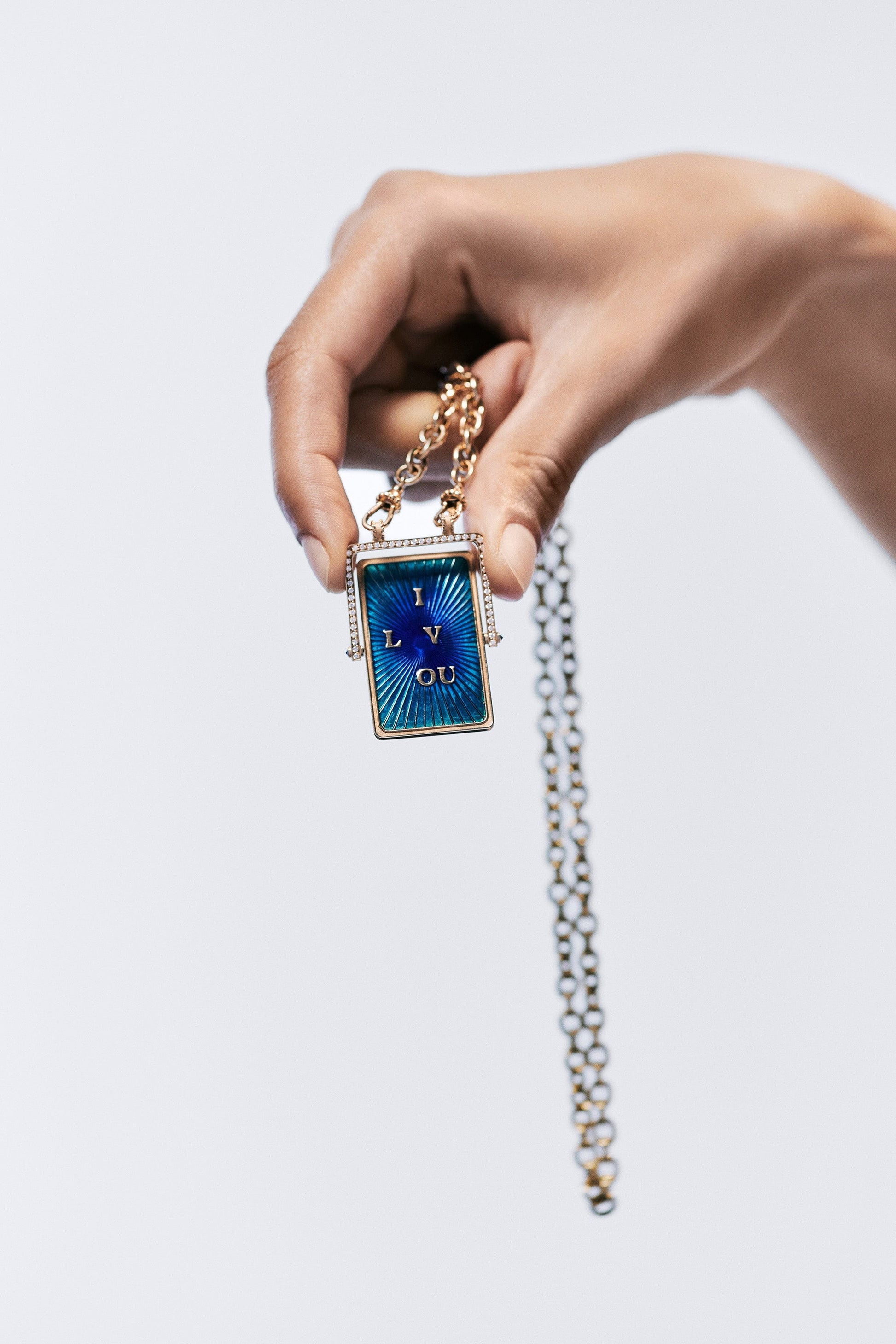 Marie Lichtenberg Staging Scapulaires Love You Spinning Scapular on Rosa Classic Chain