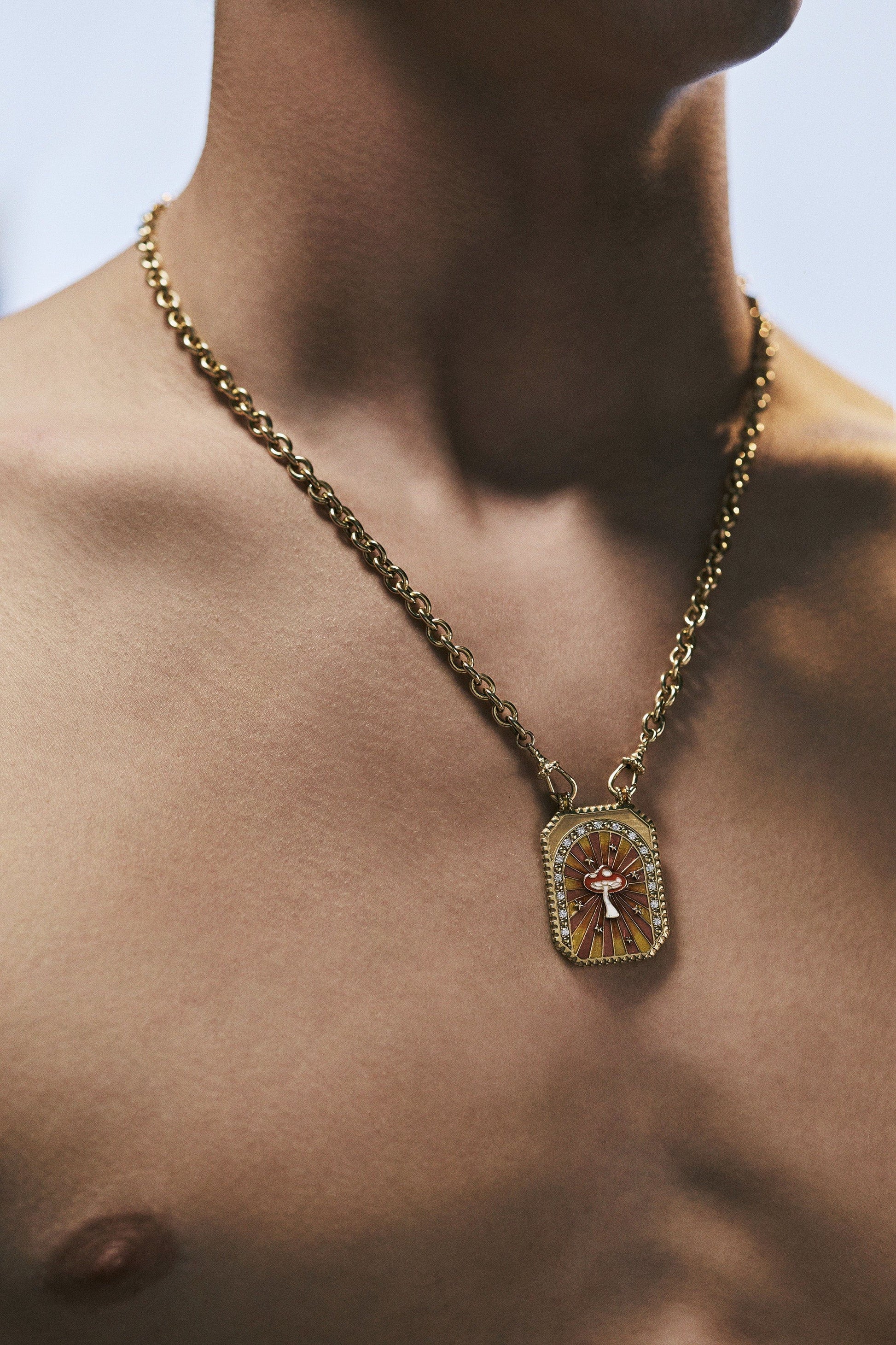 Marie Lichtenberg Staging Scapulaires Pink mushroom Scapular on Silky Link